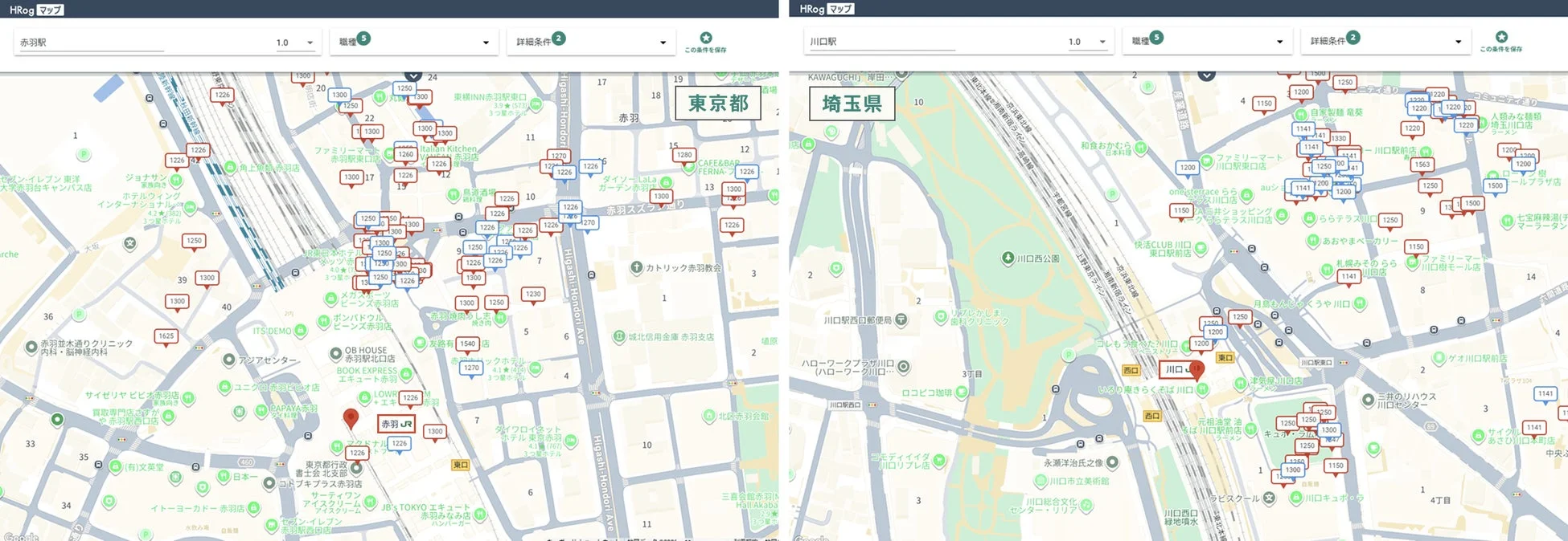 東京都（JR赤羽駅）／埼玉県（JR川口駅）のHRogマップ