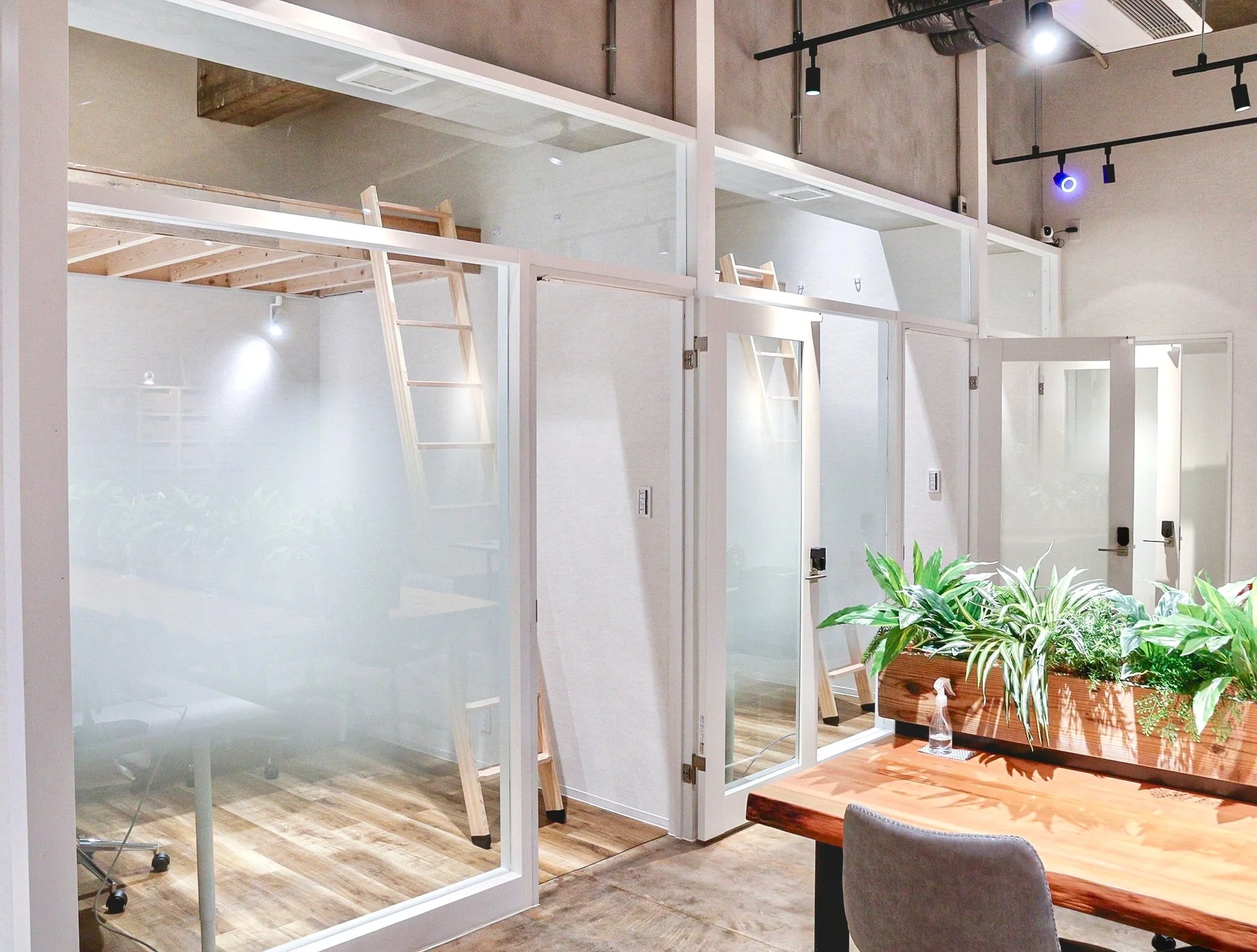 ガラス張りの個室、ロフト付きの部屋