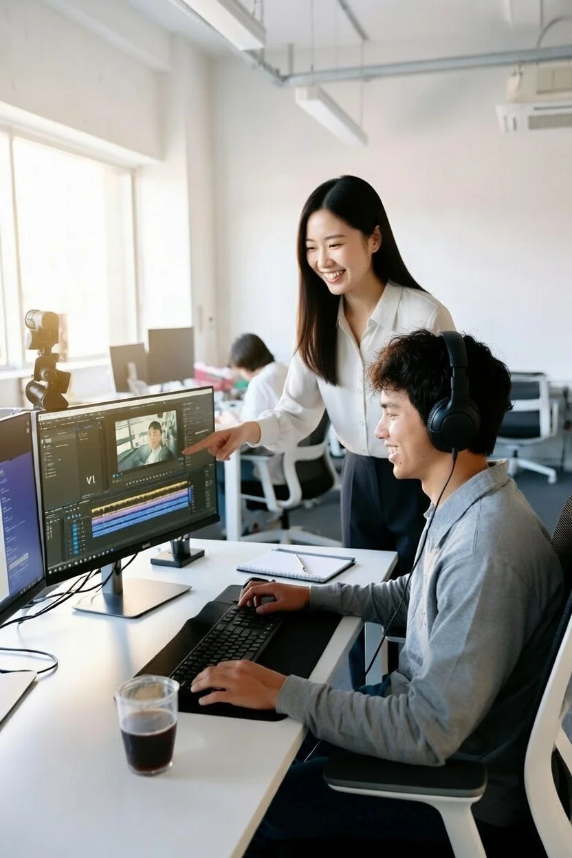 オフィスで動画編集について話し合う様子