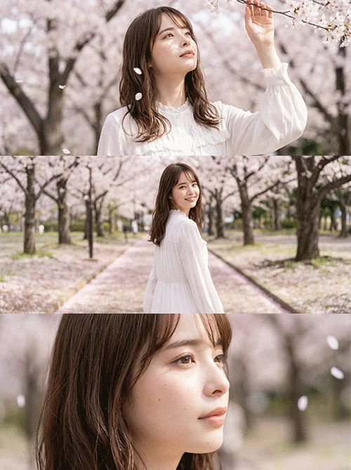 桜並木の下の女性