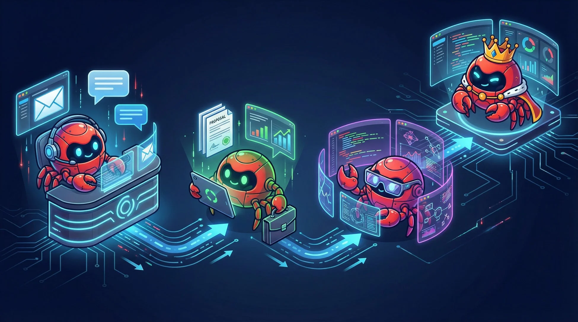 AIエージェントOpenClawのビジネスプロセスを示すイラスト