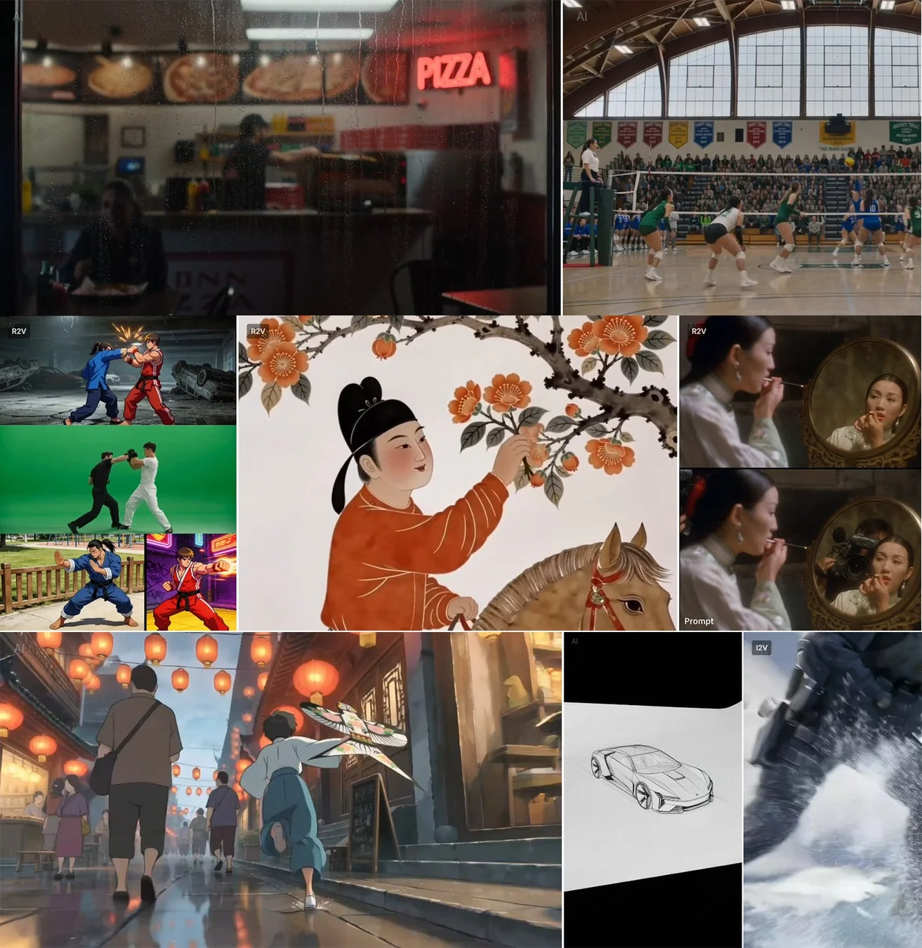 ピザ屋のネオンサイン、バレーボールの試合、格闘技のポーズ、伝統的な中国画、化粧をする女性、提灯が灯る街並み、車のスケッチ、雪の中のアクションシーンが含まれるコラージュ。