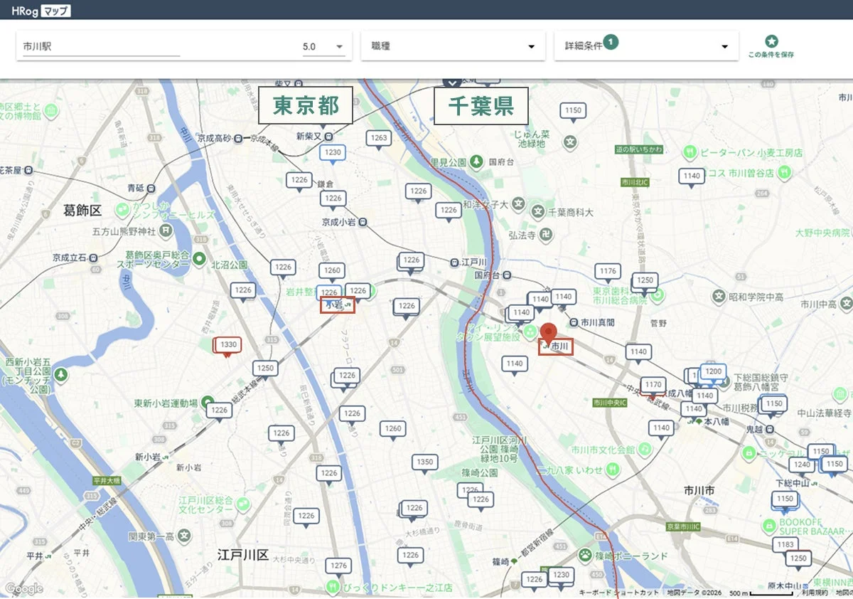 東京都（JR小岩駅）／千葉県（JR市川駅）のHRogマップ