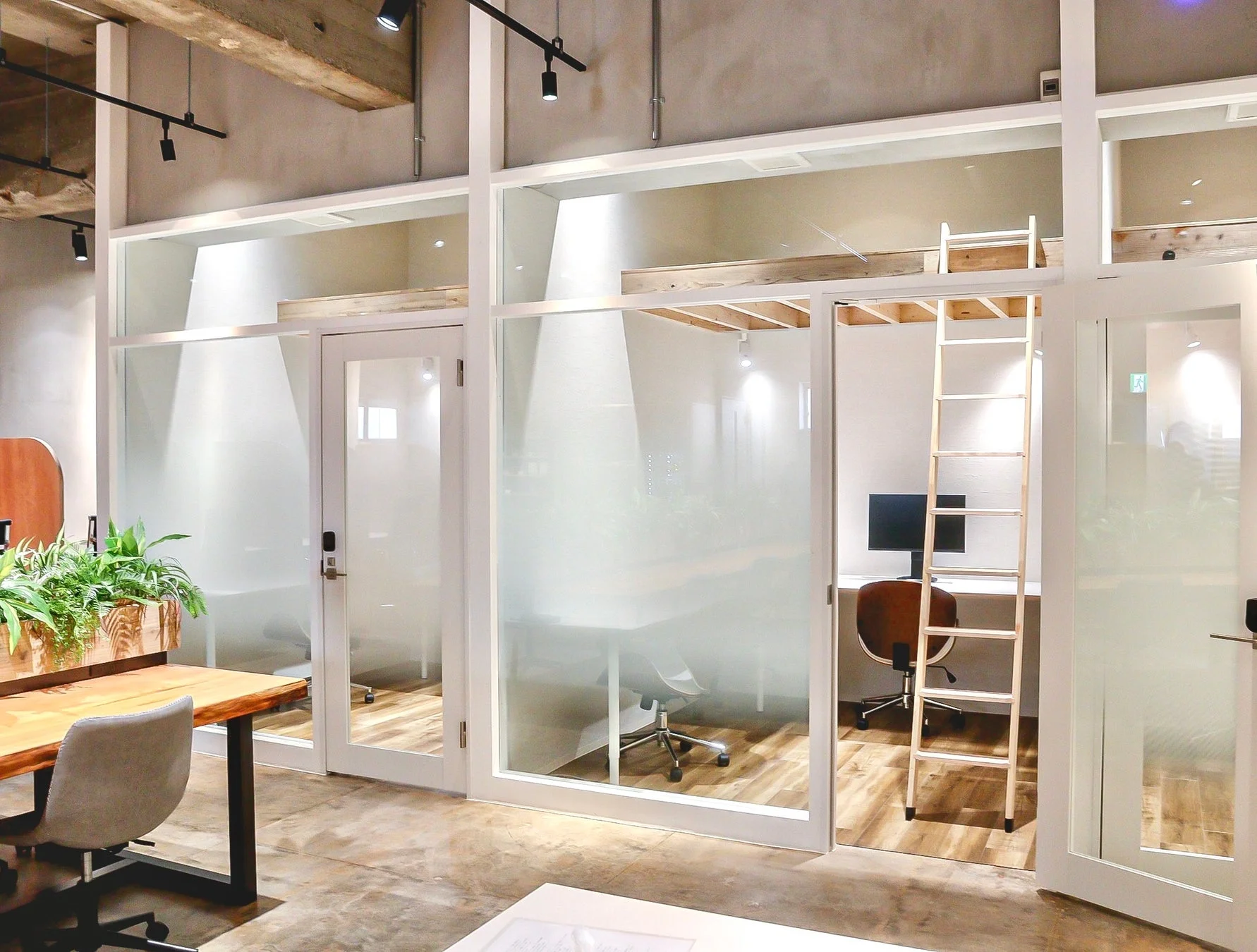 ロフトへ続くはしごが見える個室