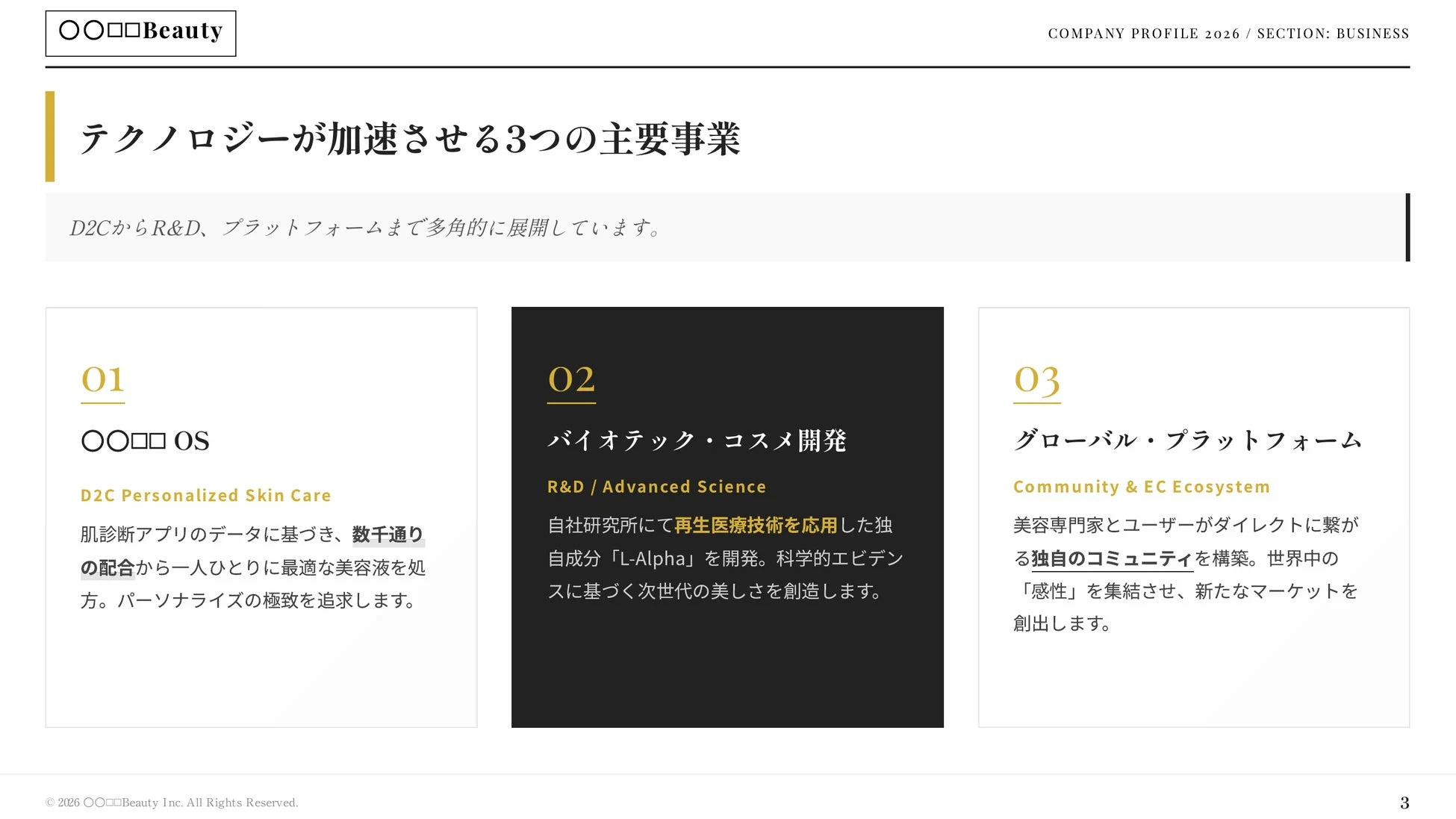 〇〇口口Beauty社の3つの主要事業を紹介。パーソナライズD2Cスキンケア、バイオテック・コスメ開発、グローバルプラットフォームを展開し、テクノロジーで美の未来を創造しています。