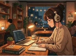 夜のカフェで勉強するアニメ風の女の子