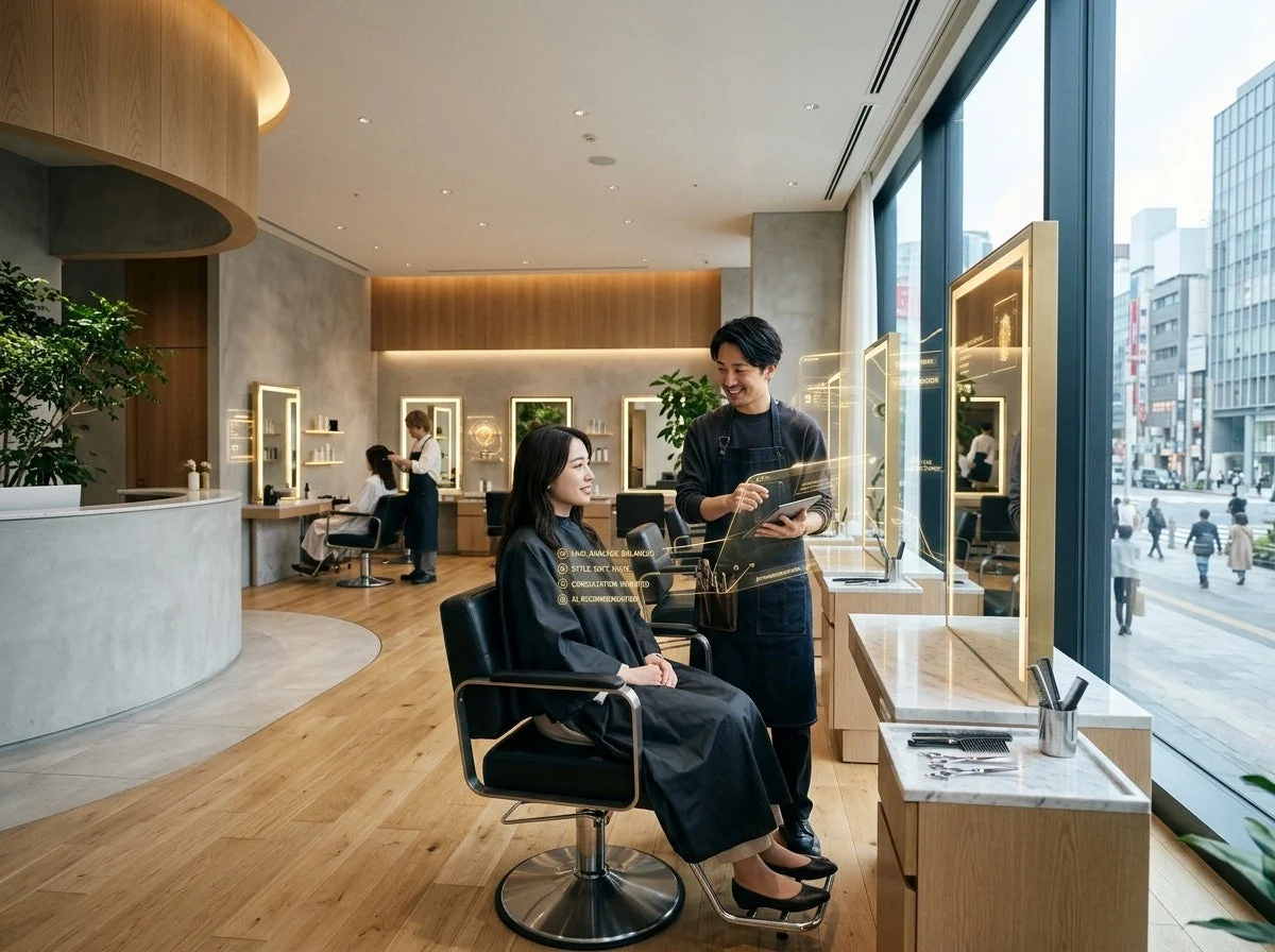 モダンな美容室でスタイリストがホログラフィックディスプレイを使ってカウンセリングしている様子