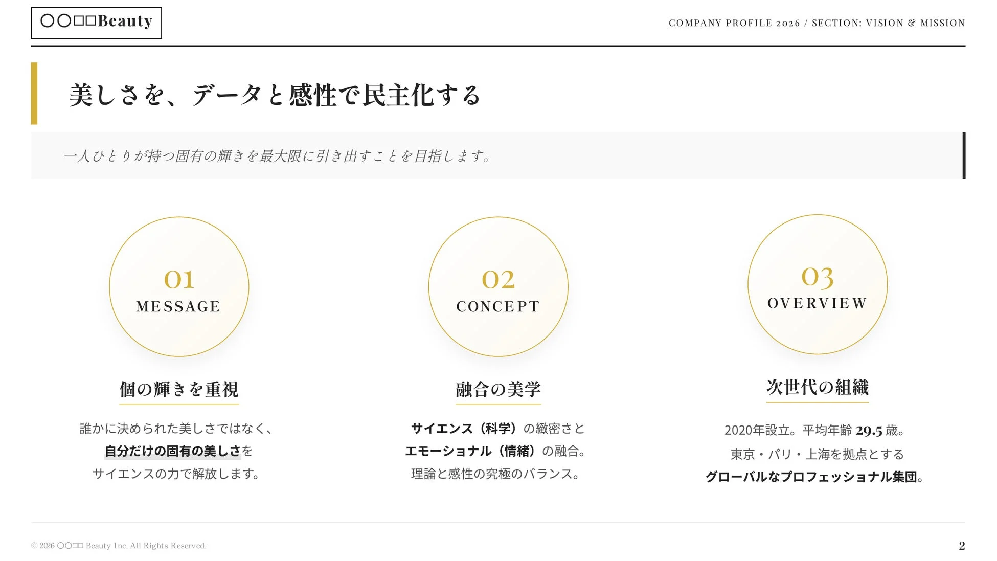 〇〇□□Beautyの会社概要ページ。データと感性で美しさを民主化し、個々の輝きをサイエンスで解放。サイエンスとエモーショナルな融合を追求するグローバルなプロ集団のビジョンとコンセプトを示す。