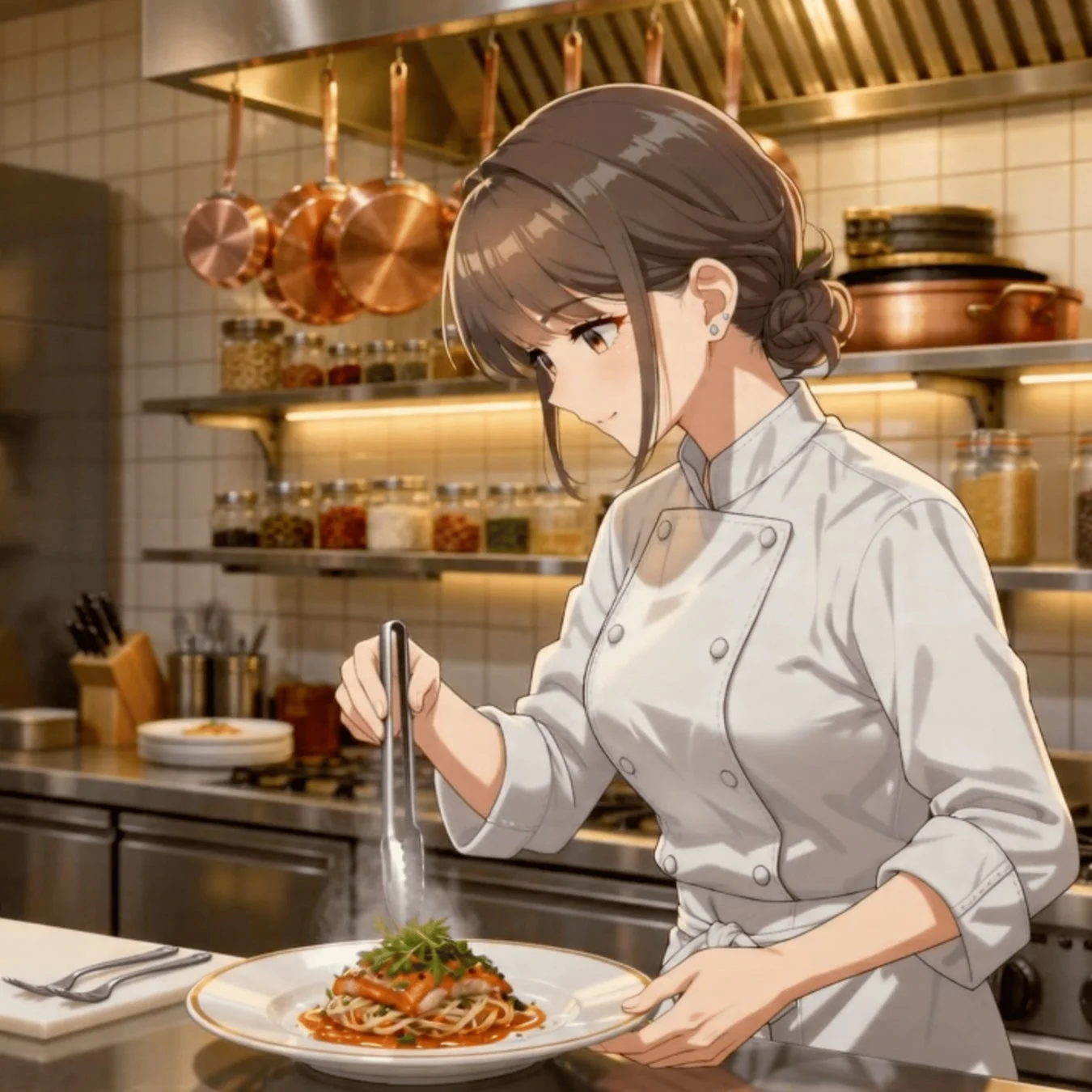 パスタを盛り付ける女性シェフのアニメイラスト