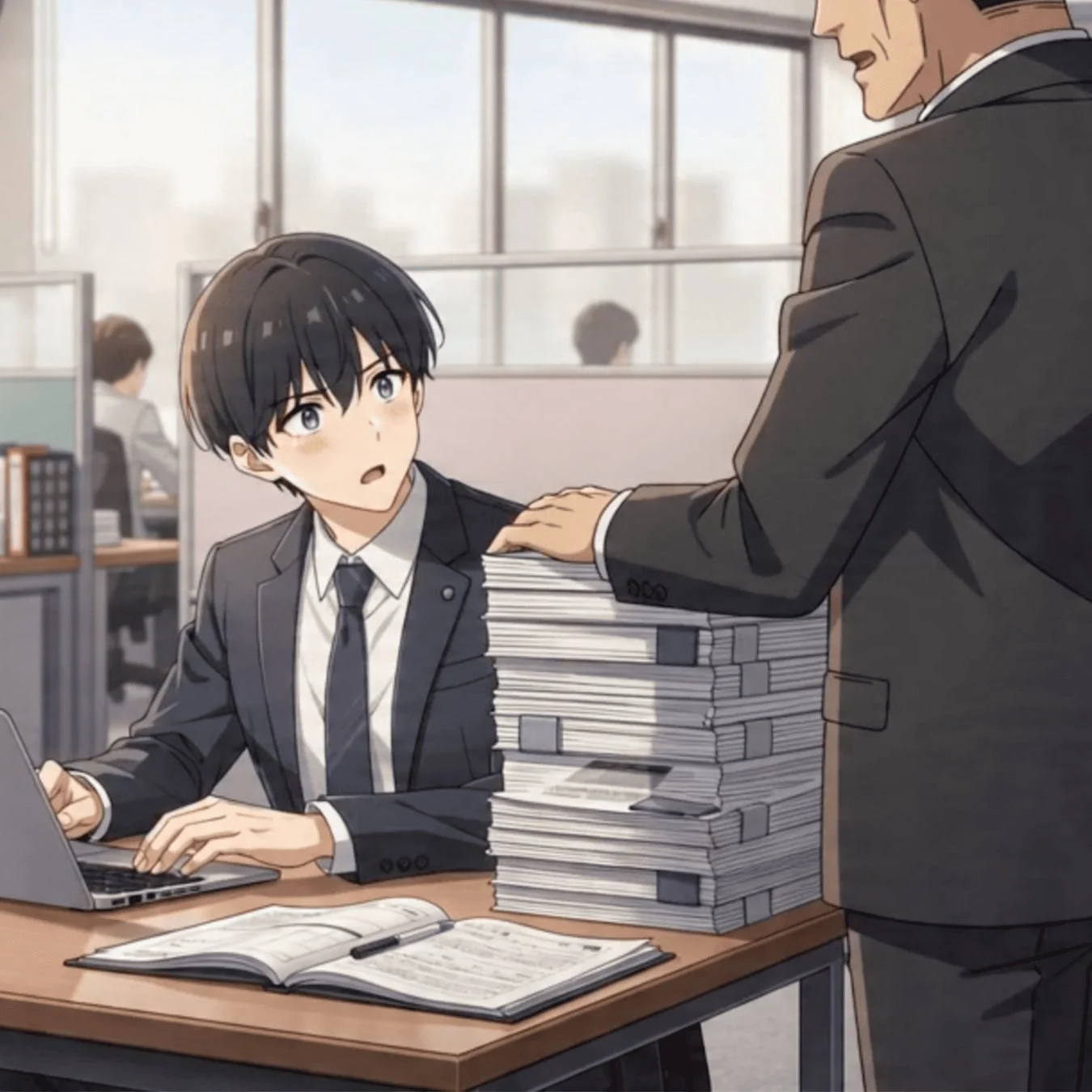 オフィスで書類を渡され困惑する男性のアニメイラスト
