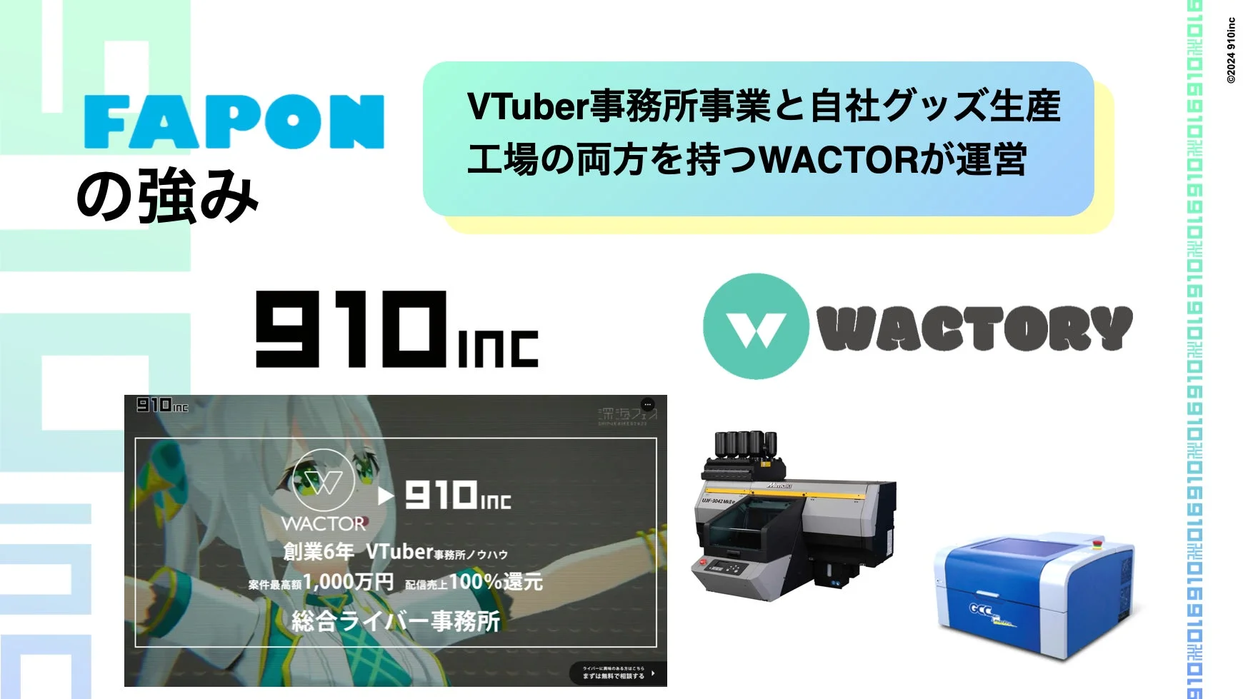 FAPONの強み VTuber事務所事業と自社グッズ生産工場の両方を持つWACTORが運営 910inc WACTORY ©2024 910inc 創業6年 VTuber事務所ノウハウ 案件最高額 1,000万円 配信売上 100%還元 総合ライバー事務所 ライバーご興味のある方はこちら まずは無料で相談する
