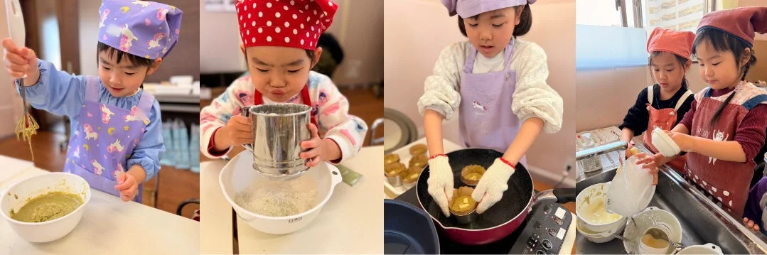 子供たちがエプロンとシェフハットを身につけ料理体験を楽しむ様子