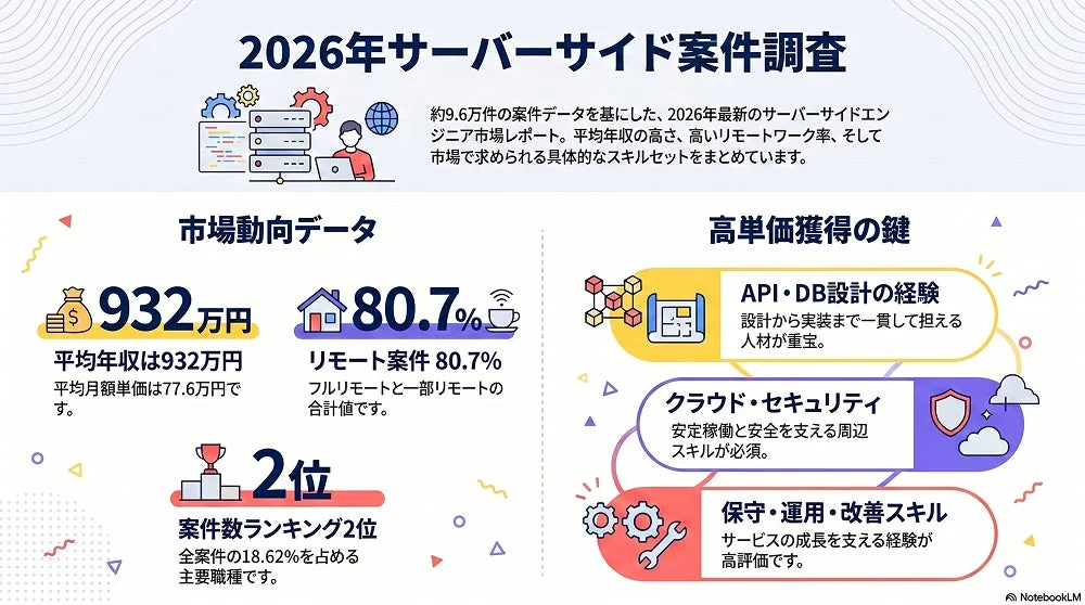 2026年サーバーサイド案件調査 約9.6万件の案件データを基にした、2026年最新のサーバーサイドエンジニア市場レポート。平均年収の高さ、高いリモートワーク率、そして市場で求められる具体的なスキルセットをまとめています。 市場動向データ 高単価獲得の鍵 932万円 平均年収は932万円 平均月額単価は77.6万円です。 80.7% リモート案件 80.7% フルリモートと一部リモートの合計値です。 2位 案件数ランキング2位 全案件の18.62%を占める主要職種です。 API・DB設計の経験 設計から実装まで一貫して担える人材が重宝。 クラウド・セキュリティ 安定稼働と安全を支える周辺スキルが必須。 保守・運用・改善スキル サービスの成長を支える経験が高評価です。 NotebookLM