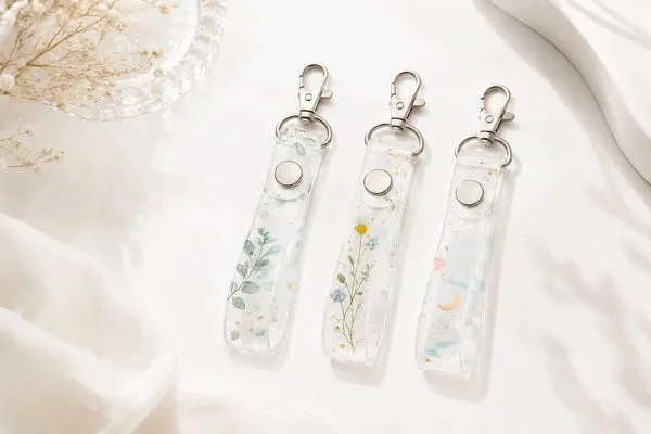 白い背景に、草花や月、星のモチーフがデザインされた透明なキーホルダーが3つ並べられています。