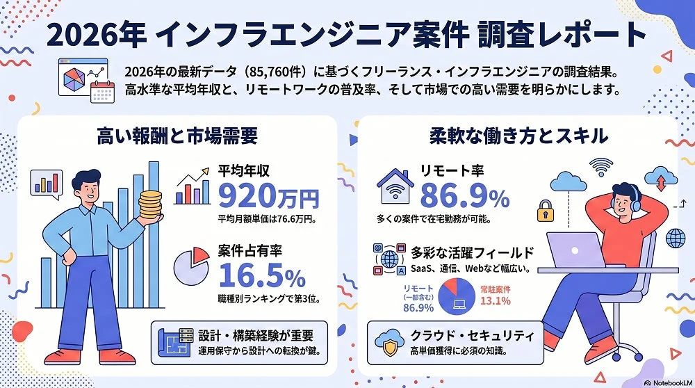 2026年 インフラエンジニア案件調査レポート。2026年の最新データ (85,760件) に基づくフリーランス・インフラエンジニアの調査結果。高水準な平均年収と、リモートワークの普及率、そして市場での高い需要を明らかにします。高い報酬と市場需要。平均年収 920万円。平均月額単価は76.6万円。案件占有率 16.5%。職種別ランキングで第3位。設計・構築経験が重要。運用保守から設計への転換が鍵。柔軟な働き方とスキル。リモート率 86.9%。多くの案件で在宅勤務が可能。多彩な活躍フィールド。SaaS、通信、Webなど幅広い。リモート (一部含む) 86.9%。常駐案件 13.1%。クラウド・セキュリティ。高単価獲得に必須の知識。