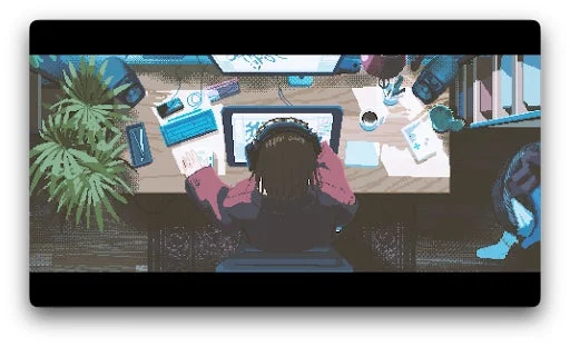 ピクセルアートで描かれた、デスクでヘッドホンをして作業する人物の俯瞰図