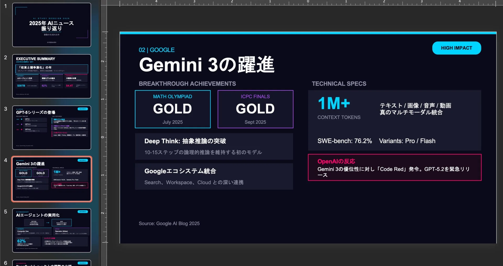 Google Gemini 3の躍進を詳述。数学オリンピック・ICPC決勝で金メダル獲得、1M+コンテキストトークン、真のマルチモーダル統合を実現。抽象推論を突破し、OpenAIが緊急対応するほどの高性能を示した。