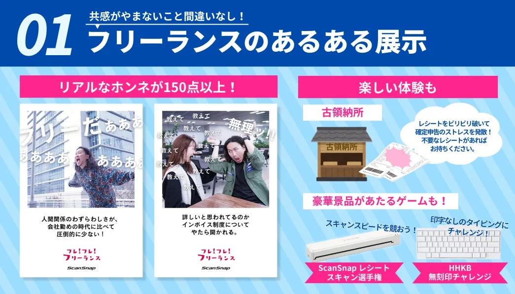 フリーランスのあるある展示、体験コーナー