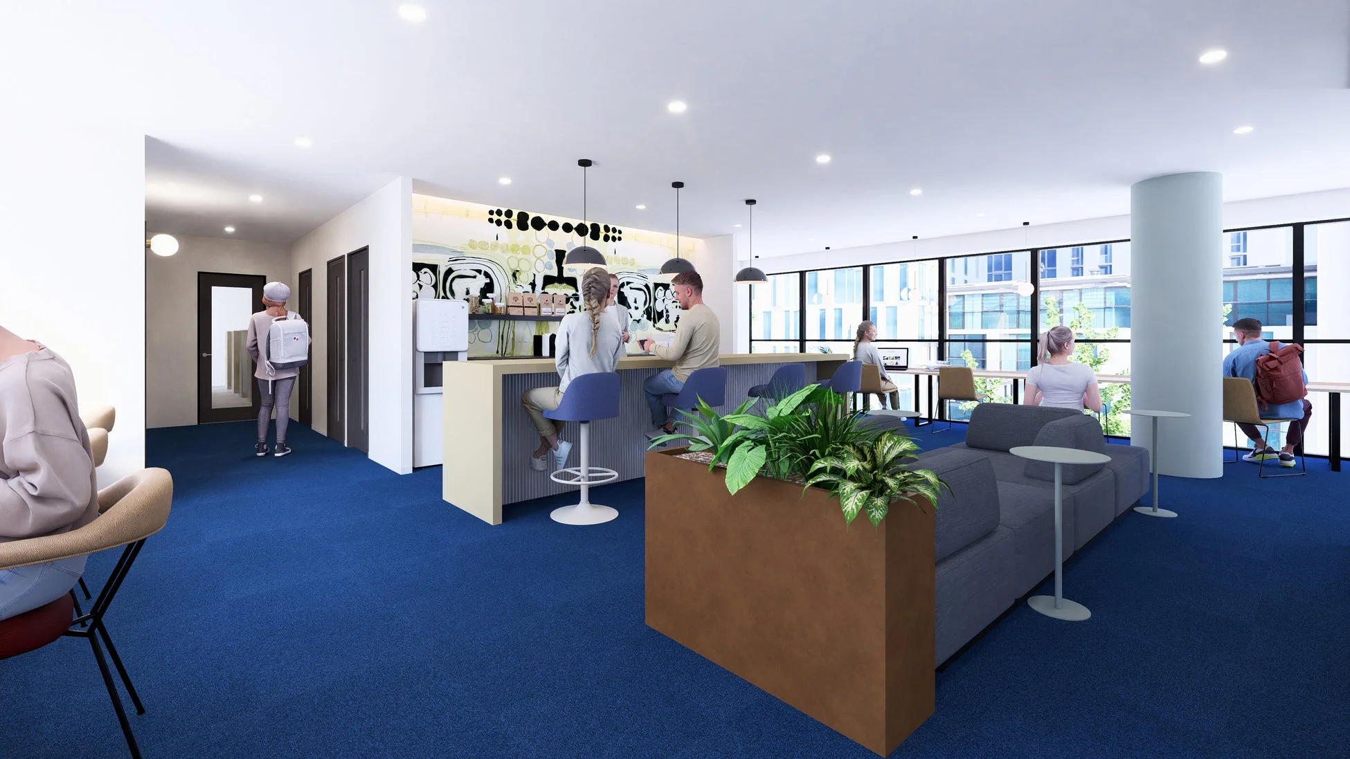 青いカーペットが特徴的なモダンなコワーキングスペース