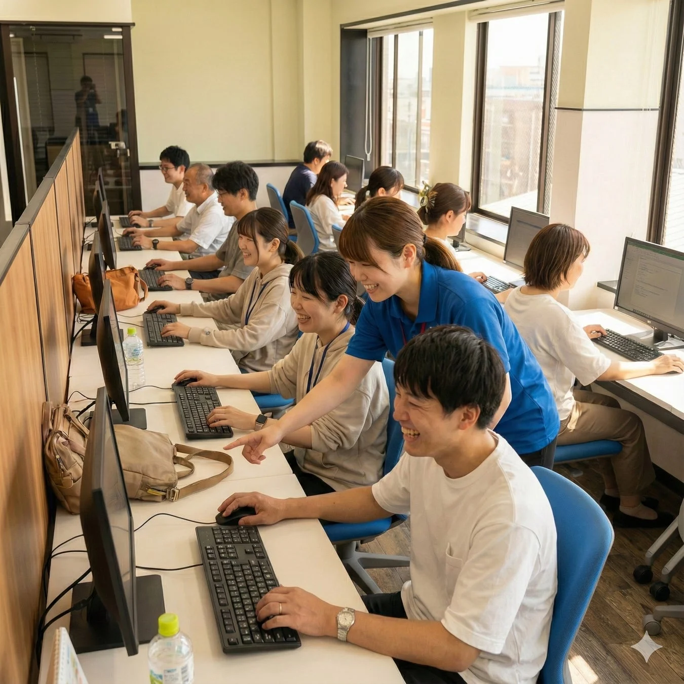 パソコン学習、研修、教室、デスクワーク、指導、笑顔、男女、コミュニケーション、オフィス