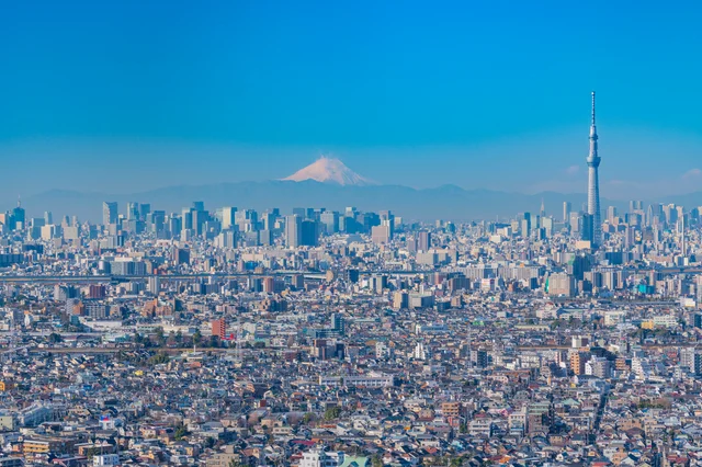 東京の街並みと富士山のパノラマ写真