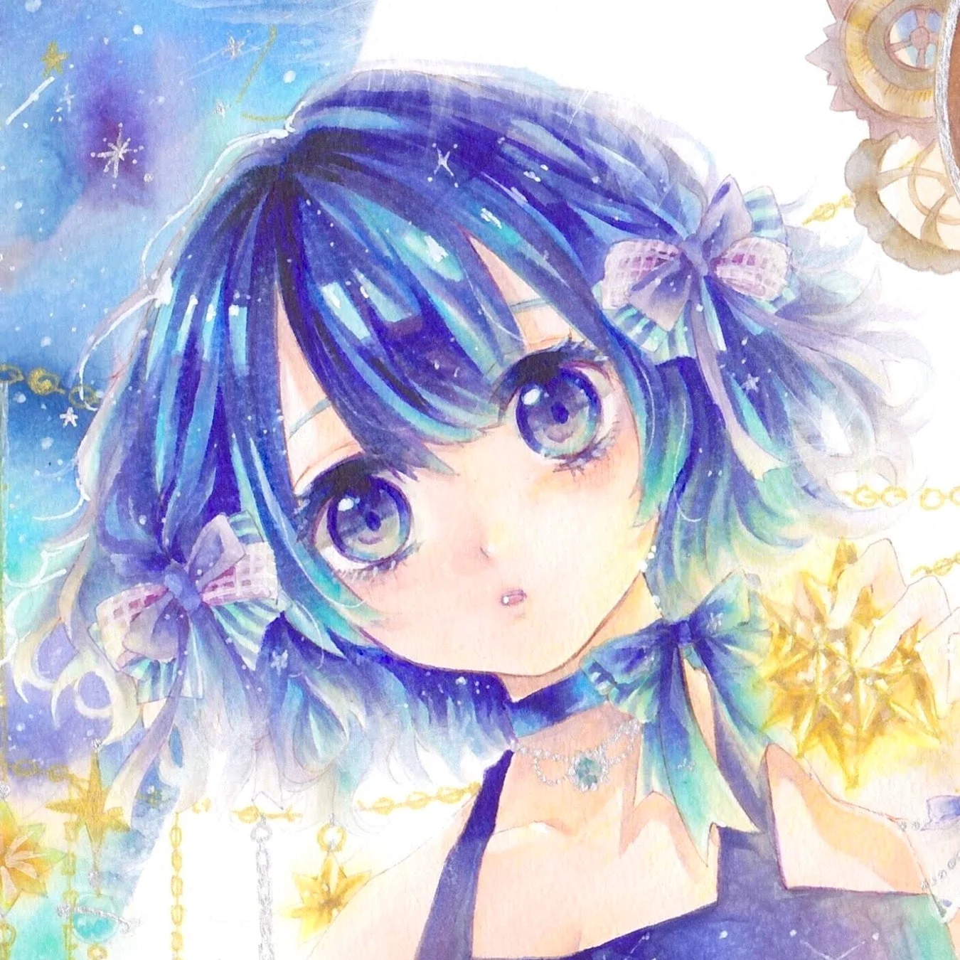 青い髪と大きな瞳が特徴的なアニメ風の少女のイラスト