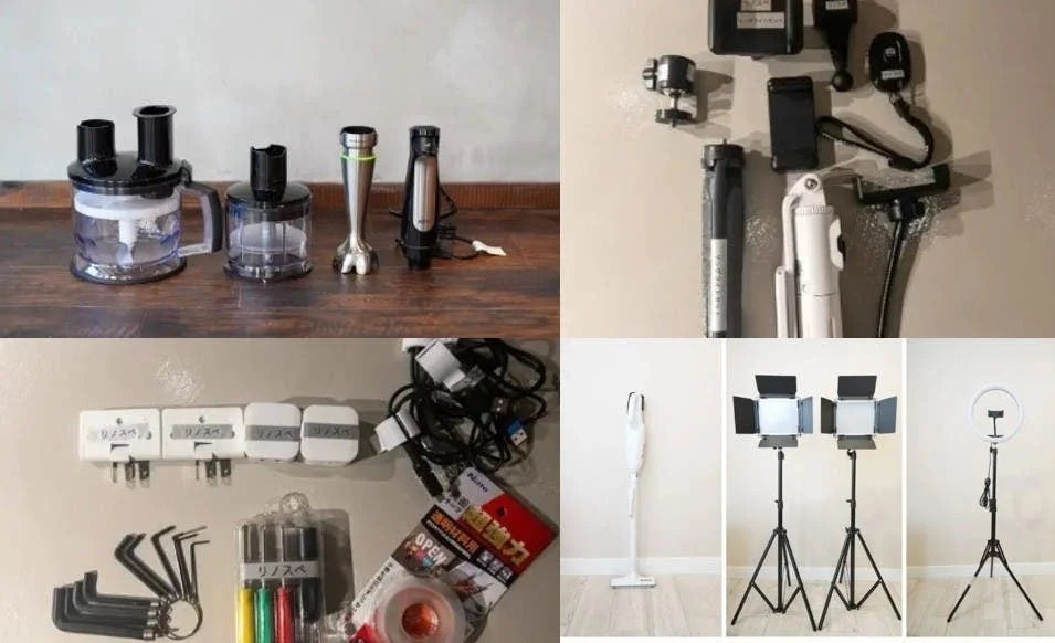 ブレンダーなどのキッチン家電、マイクや三脚などの撮影機材