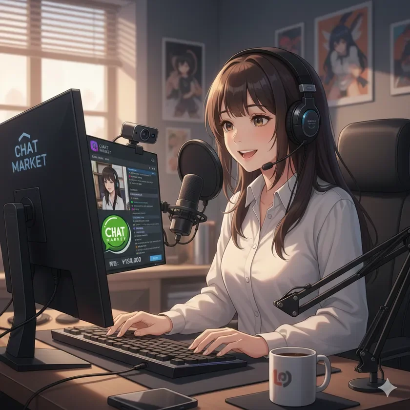 アニメ風の若い女性が、ヘッドホンとマイクを装着し、PCデスクで笑顔でキーボードを操作しています。