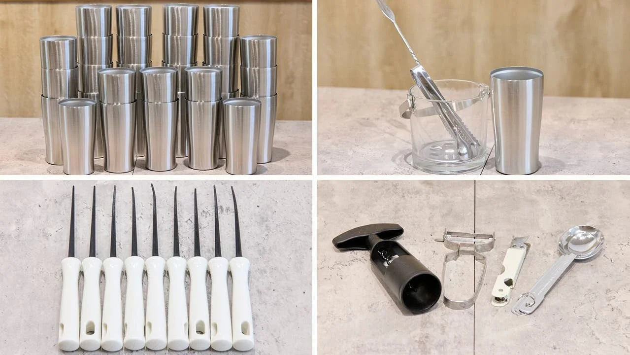 ステンレス製のタンブラーやアイスペール、専門的なカービングツールなど