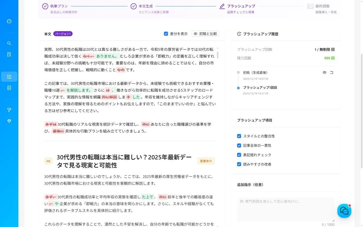30代男性の転職に関する記事作成画面