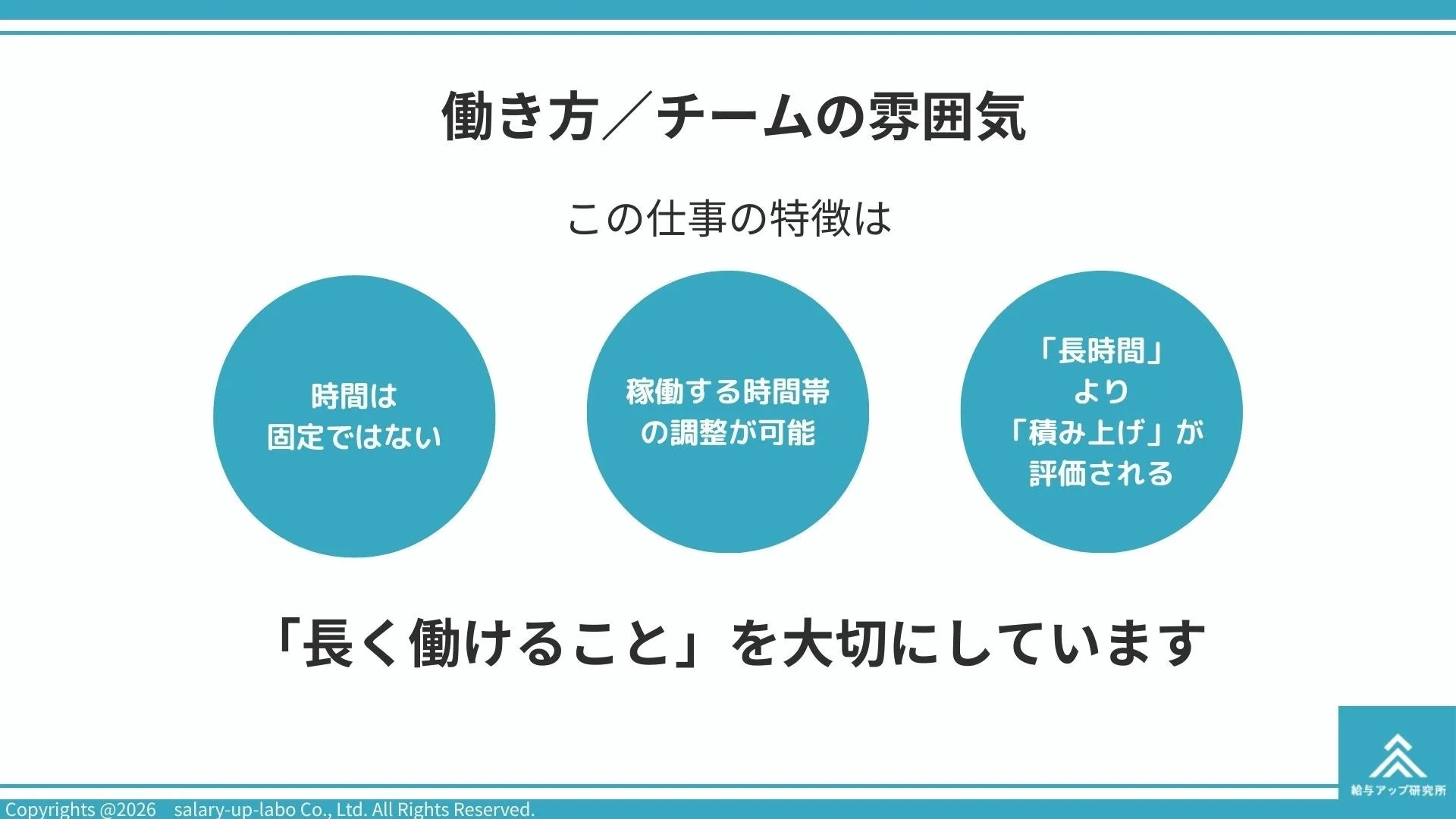 柔軟な働き方とチームの雰囲気を説明するスライド