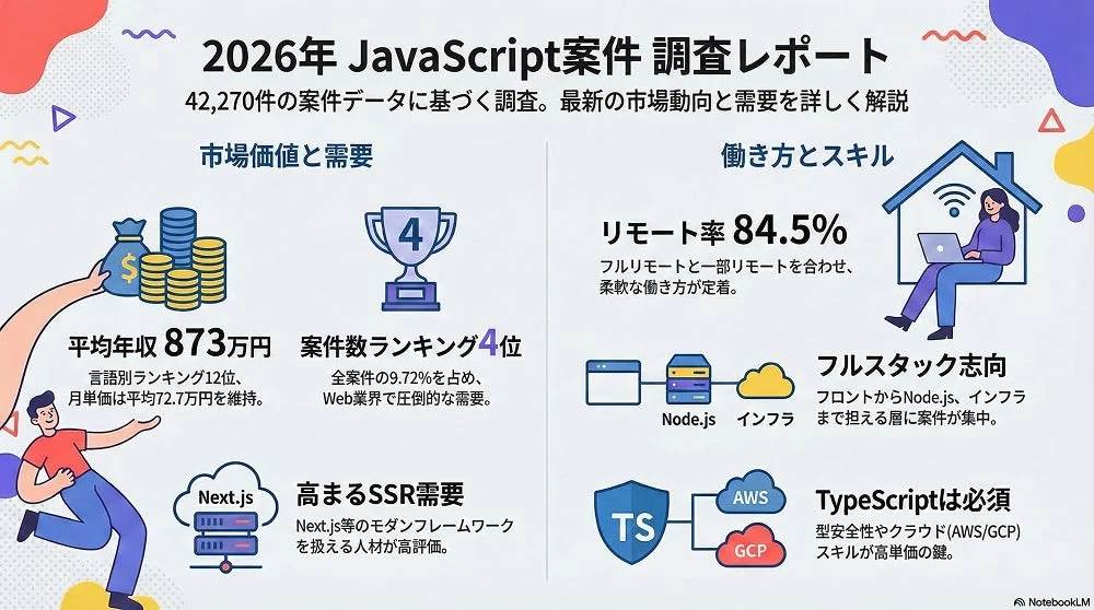 2026年JavaScript案件調査レポート。平均年収873万円、リモート率84.5%。Next.js、TypeScript、クラウドスキルを持つフルスタック人材の需要が高いと解説。
