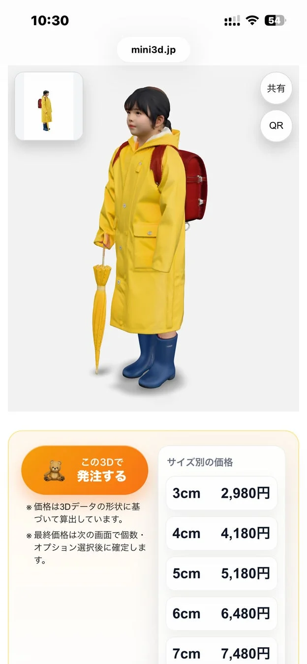 黄色いレインコートと赤いランドセルを身につけ、黄色い傘と青い長靴を履いた子供の3Dモデルが表示されています