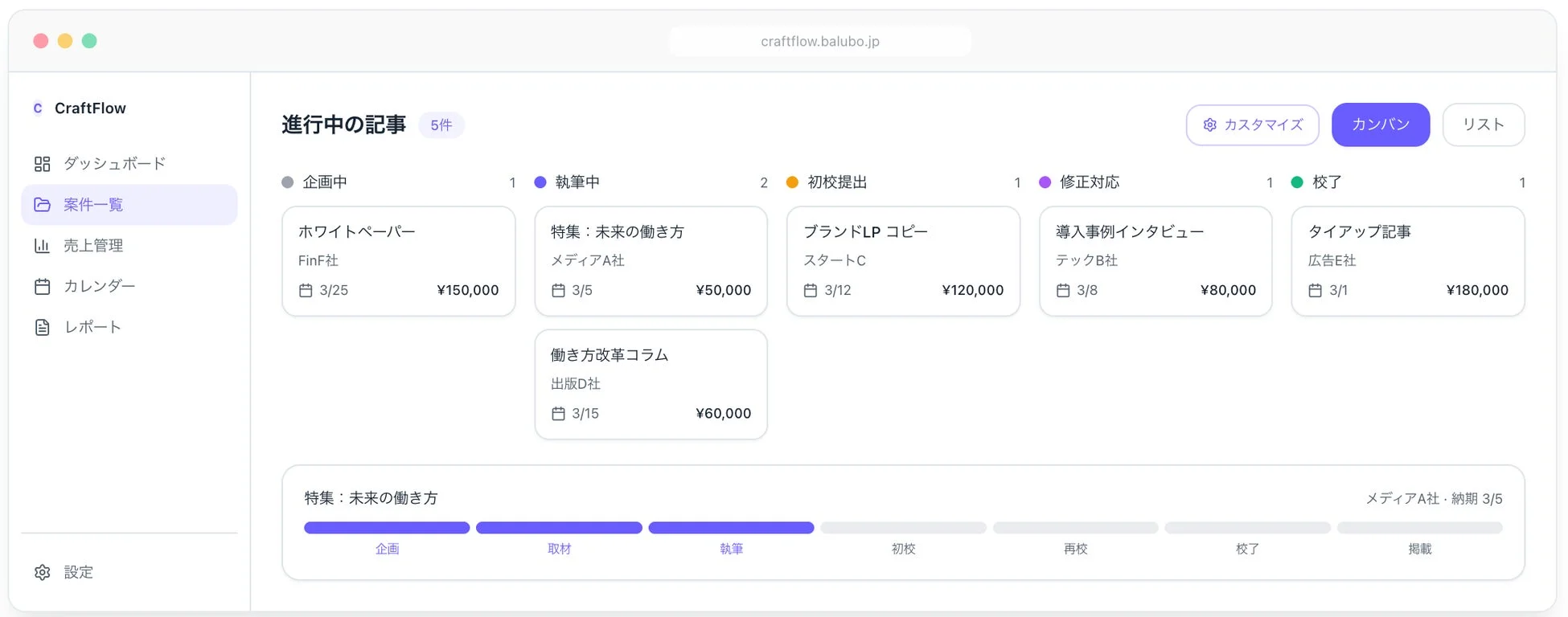 CraftFlowのワークフロー管理画面