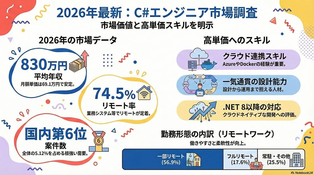 2026年のC#エンジニア市場調査によると、平均年収は830万円で、リモートワークが74.5%と定着。高単価スキルとしてクラウド連携や.NET 8以降への対応が挙げられ、働きやすさと柔軟性が向上している。