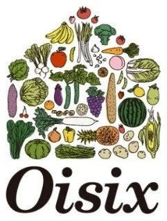 様々な種類の野菜や果物が家の形に並べられたイラストです。下部には「Oisix」のロゴがあり、健康的な食品や食生活を連想させます。
