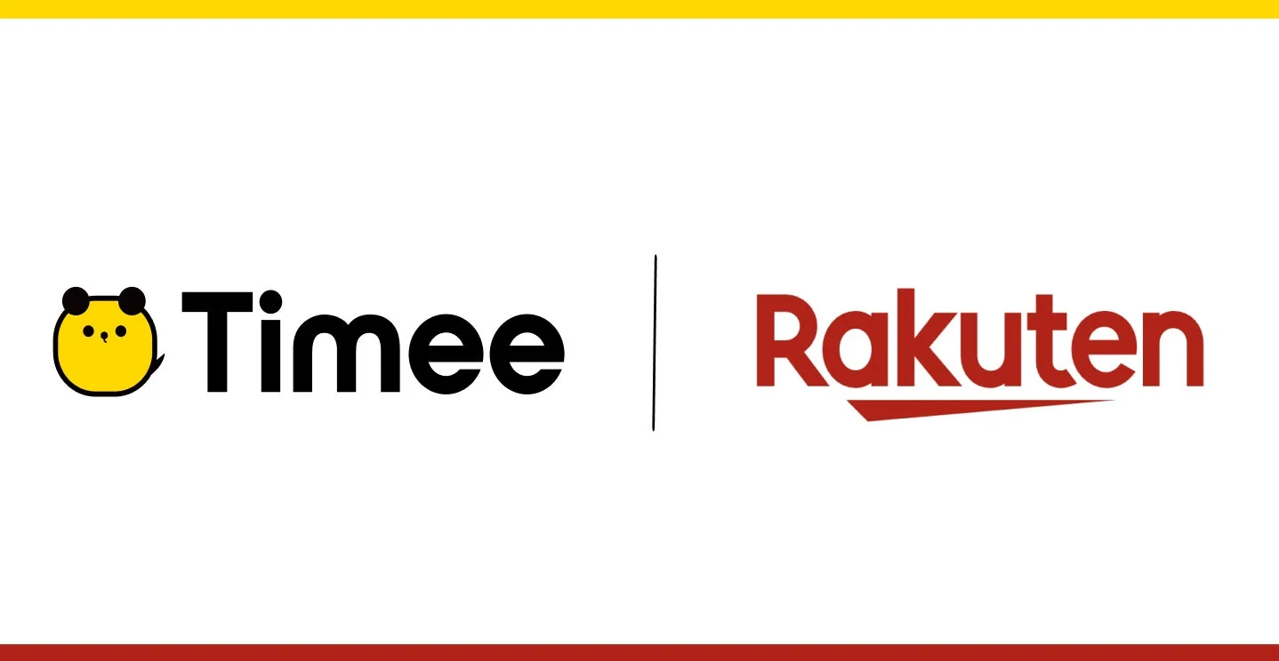 TimeeとRakutenのロゴが並んで表示されており、両社の提携や協力関係を示唆するデザインです。中央には縦線で区切られています。