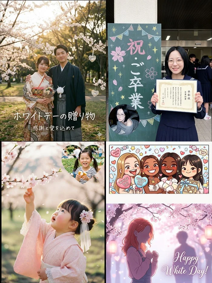 ホワイトデーや卒業、桜をテーマにしたAIクリエイティブのイメージ画像