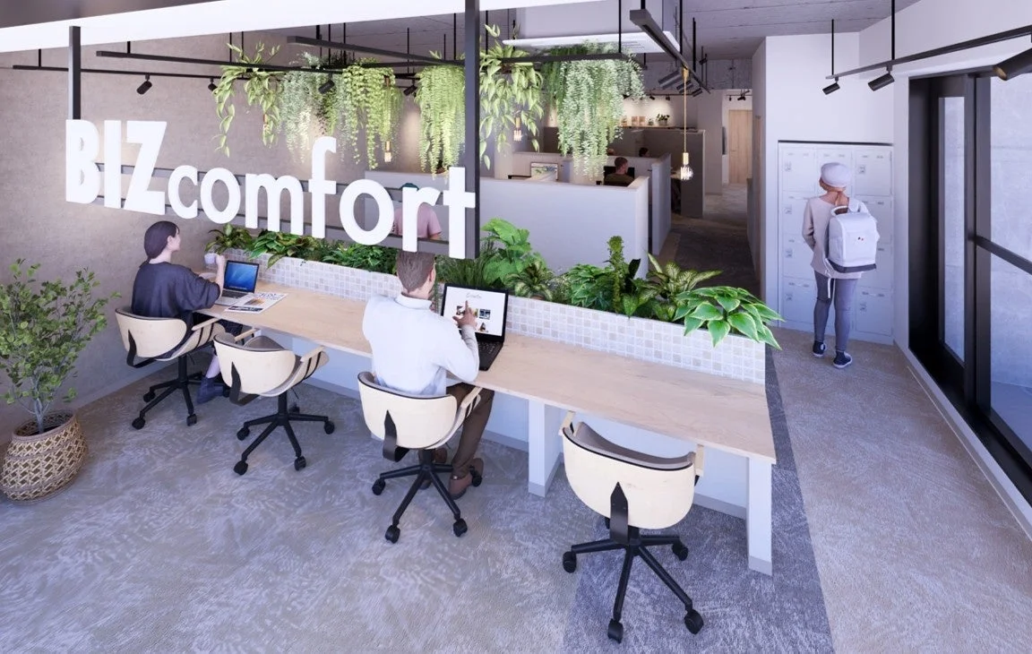 コワーキングスペース、オフィス、ワーキングスペース、観葉植物、デスクワーク、パソコン、現代的、インテリア、快適、レンタルオフィス、フリーアドレス