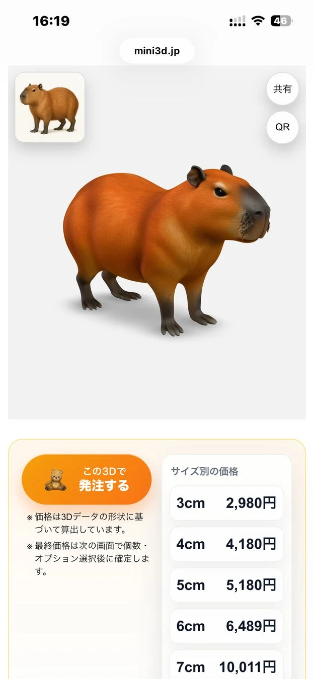 カピバラの3Dモデル販売ページで、様々なサイズに応じた価格が一覧表示されています