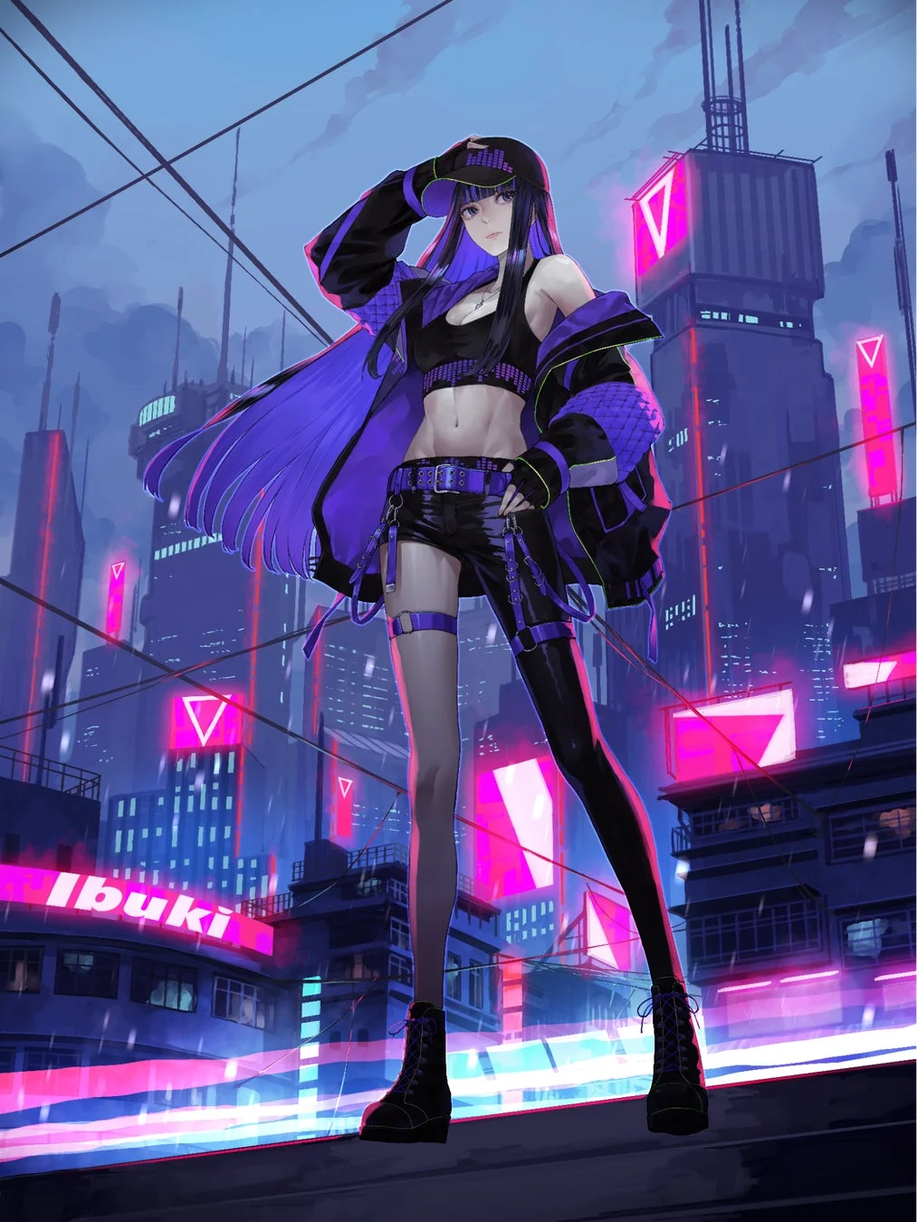未来的なネオン輝く都市を背景に立つIbukiさんのアニメキャラクター