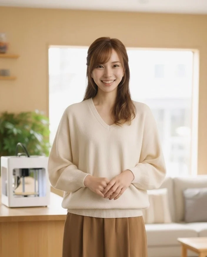 明るい室内で、ベージュのVネックセーターと茶色のパンツを着用した女性