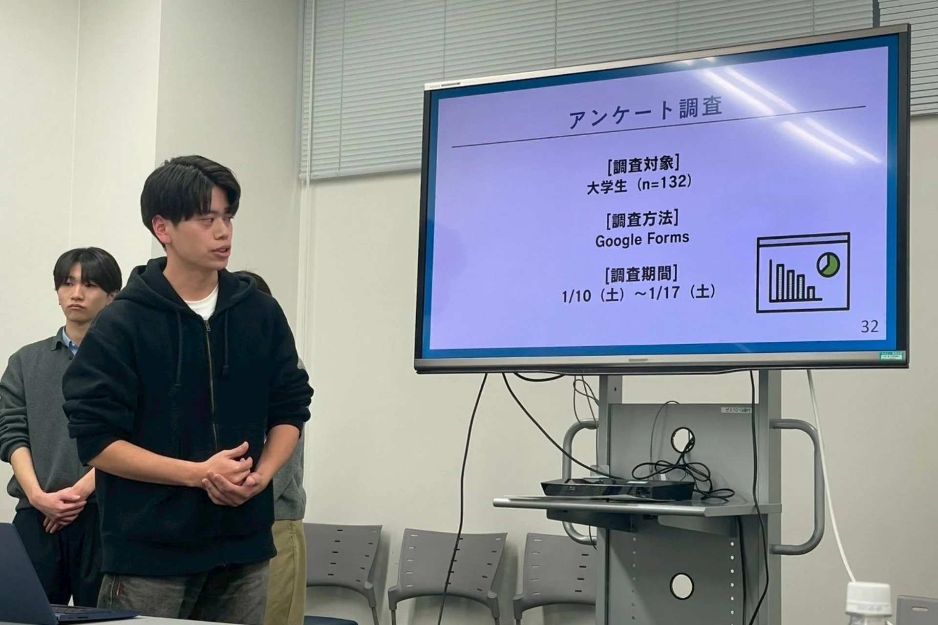 大学の教室でプレゼンテーションを行う学生