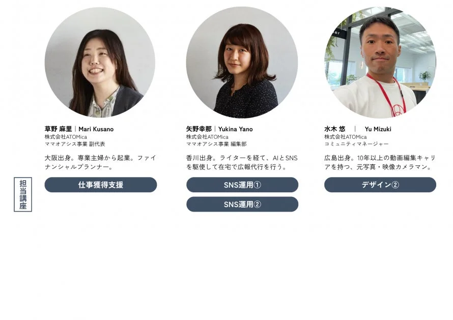 株式会社ATOMicaに所属する3名の担当者（草野麻里、矢野幸那、水木悠）のプロフィールと担当講座
