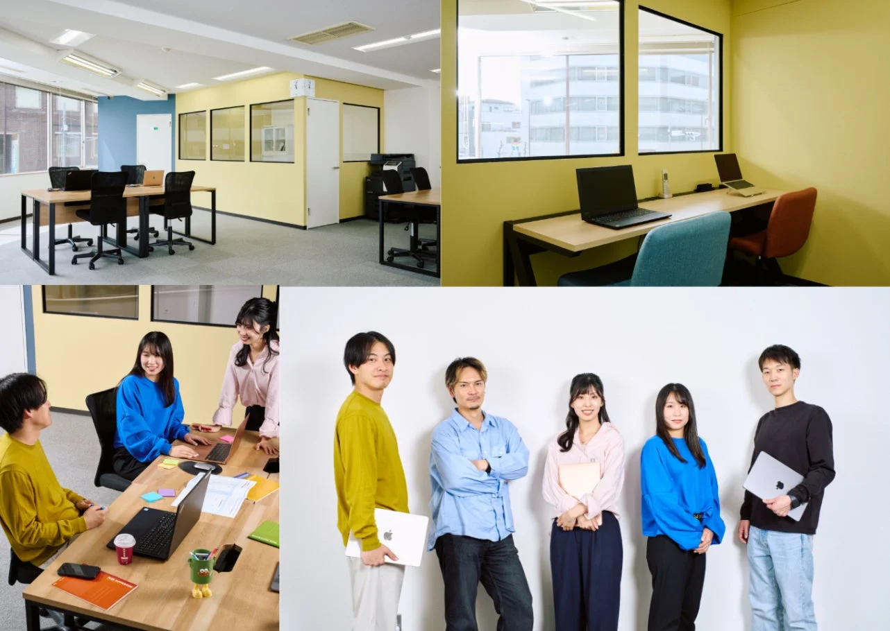 モダンなオフィス空間と、そこで働く若者たちの様子を捉えた画像です。広々とした執務スペース、個別のワークスペース、活発なミーティング風景が描かれており、チームワークと生産性を重視した環境がうかがえます。