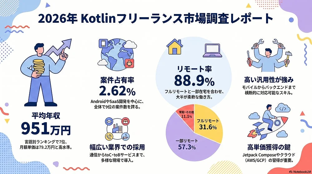 2026年 Kotlinフリーランス市場調査レポート 平均年収 951万円 言語別ランキングで7位、月額単価は79.2万円と高水準。案件占有率 2.62% AndroidやSaaS開発を中心に、全体で9位の案件数を誇る。幅広い業界での採用 通信からtoC・toBサービスまで、多様な現場で導入。リモート率 88.9% フルリモートと一部在宅を合わせ、大半が柔軟な働き方。常駐・その他 11.1% フルリモート 31.6% 一部リモート 57.3% 高い汎用性が強み モバイルからバックエンドまで横断的に対応可能なスキル。高単価獲得の鍵 Jetpack Composeやクラウド (AWS/GCP) の習得が重要。NotebookLM
