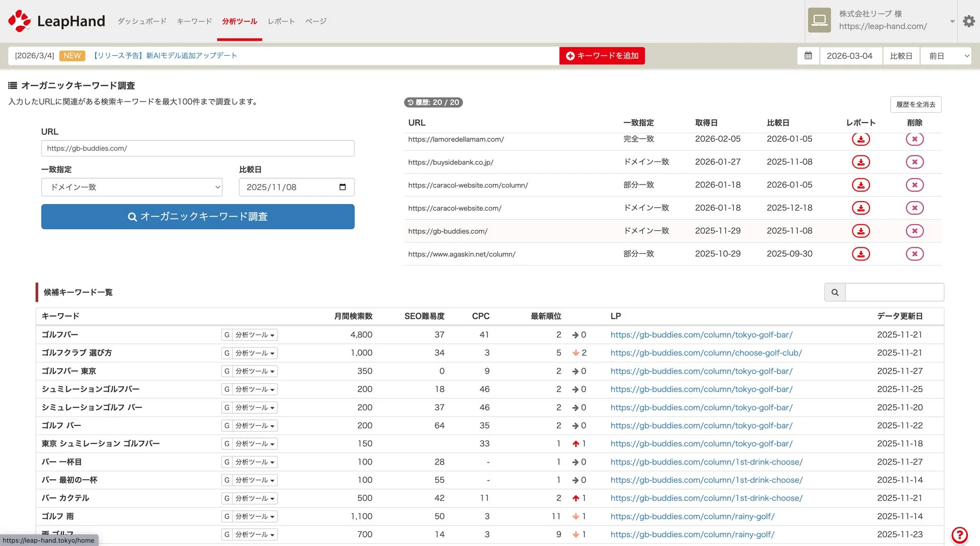 LeapHandのオーガニックキーワード調査画面