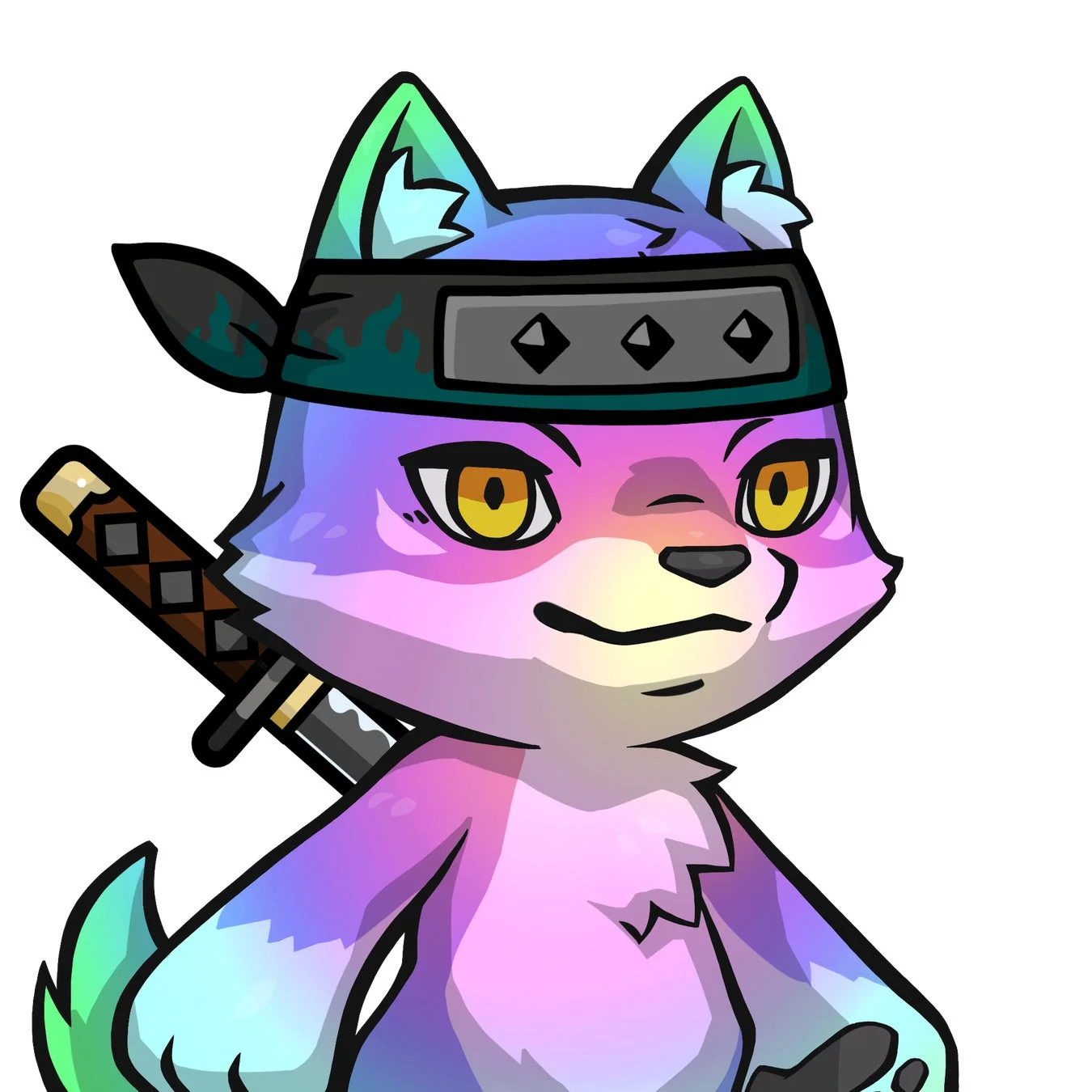 この画像は、カラフルなオオカミのようなキャラクターのイラストです。忍者のハチマキをつけ、背中には刀を背負っています。青、紫、ピンク、緑の鮮やかなグラデーションの毛並みが特徴で、遊び心と活気に満ちた印象を与えます。
