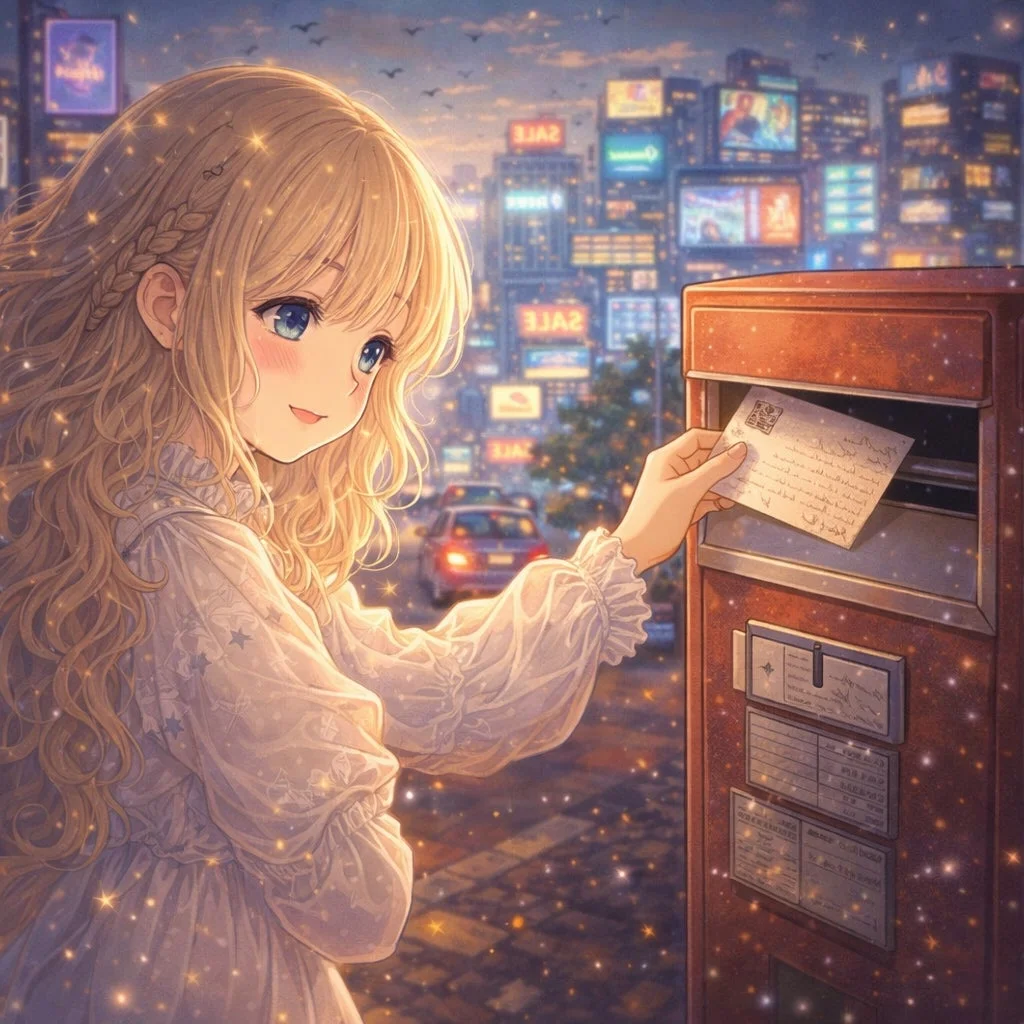 夕焼けの街で手紙を投函する少女