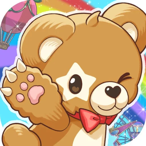 カラフルな虹色の背景に、星の模様が特徴の可愛いクマのキャラクターが描かれています。赤い蝶ネクタイをつけ、笑顔で手を振っており、楽しげでメルヘンチックな雰囲気のイラストです。